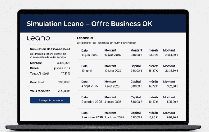 Interface Clearnox La plateforme Leano permet de faire en quelques clics des simulations de financement auprès de multiples opérateurs de financement.